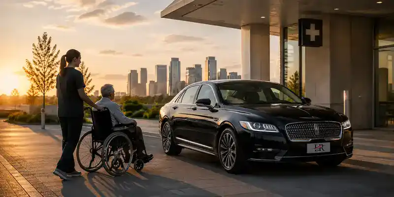Luxury Lincoln sedan with the official Lavish Ride logo arriving at a medical center as a caregiver assists a wheelchair passenger.